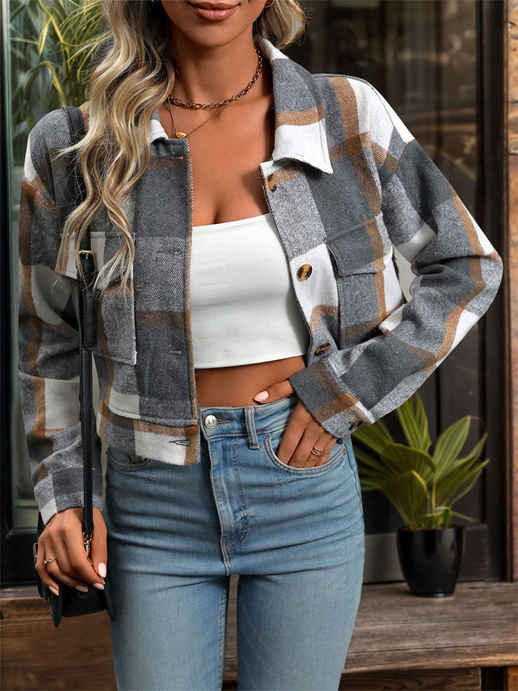 Women's Flannel Cropped Plaid Shacket Jacket Button Down Long Sleeve Shirts Tops