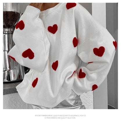 Women's Spring Heart Print Long Sleeve Crewneck Knitting Jumper, Comfort Round Neck Sweater for Daily Streetwear, Tiktop Shop, Lady's Top for Spring