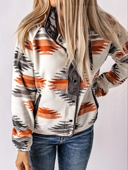 Women's Geometric Print Pocket Button Front Zipper Stand Collar Polar Fleece Jacket, Casual Long Sleeve Outerwear For Fall & Winter, Women's Clothes For Daily Wear - Seldom Seen Styles