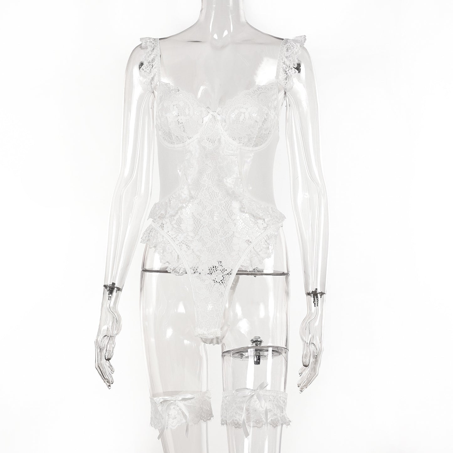 Women Sexy Lingerie Bodysuit Floral Lace Teddy Babydoll Snap Crotch Ruffle One Piece with Thigh Bands