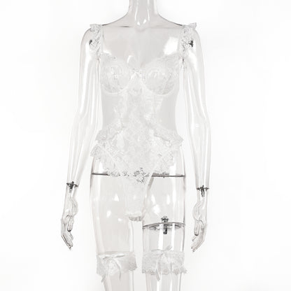 Women Sexy Lingerie Bodysuit Floral Lace Teddy Babydoll Snap Crotch Ruffle One Piece with Thigh Bands