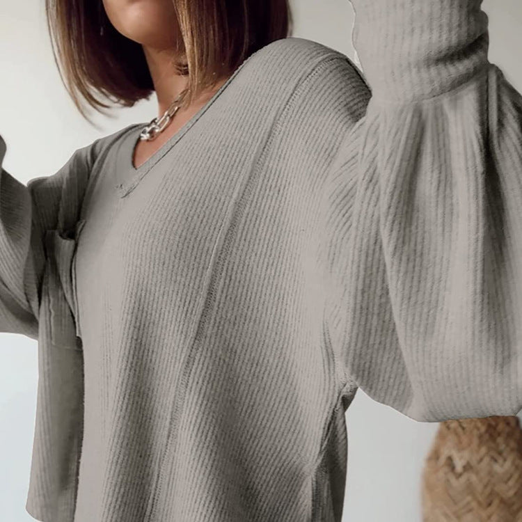 Women's Casual Basic V-Neck Ribbed Knitted Shirts Pullover Tunic Tops Loose Balloon Sleeve Blouses Top - Seldom Seen Styles