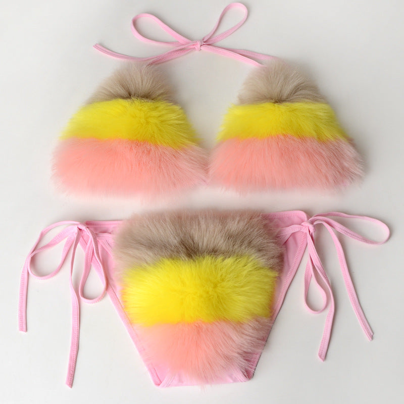 Women Summer Sexy 2 Piece Bikini Set Faux Fur Rainbow Striped Halter Swimsuit Tie Side Bottom Bralette Plush Bathing Suit Party Clubwear