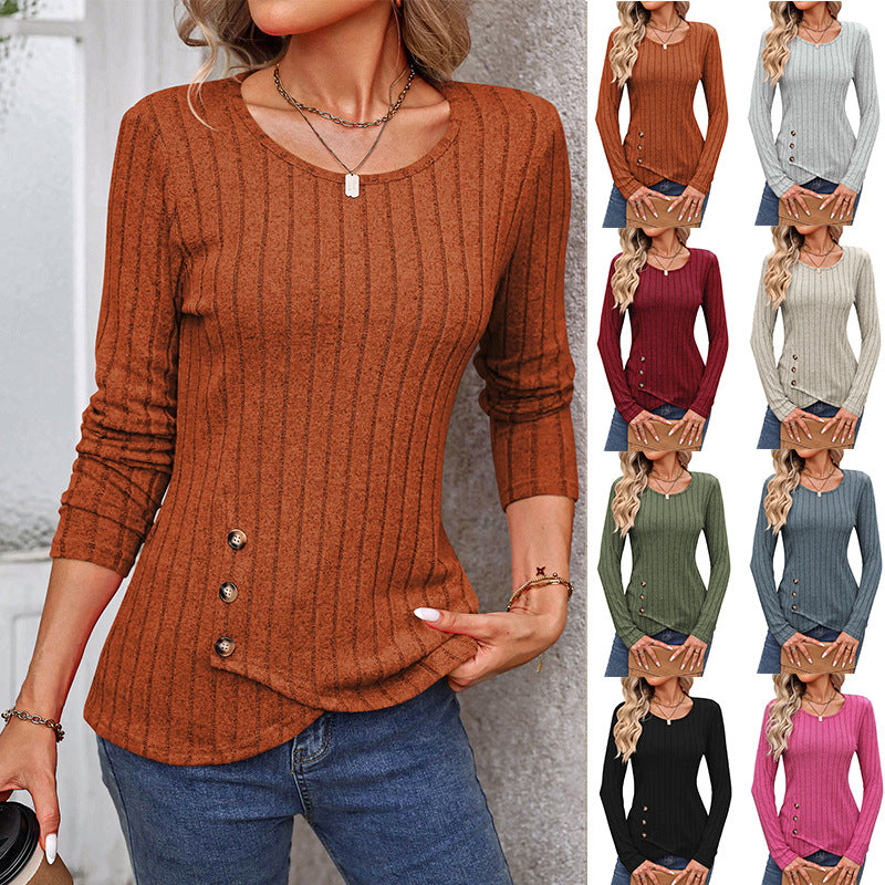 Sweaters for Women Fashion Long Sleeve Tops Button Pullover Crew Neck Casual Loose Slit Sweatshirt - Seldom Seen Styles