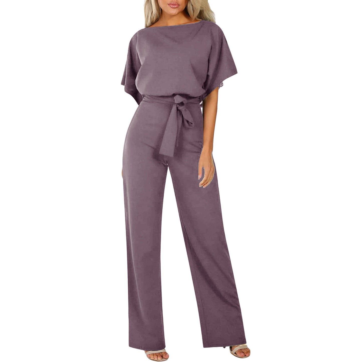 Womens Loose Short Sleeve Belted Wide Leg Pant Romper Jumpsuit Business Casual One Piece Outfits - Seldom Seen Styles