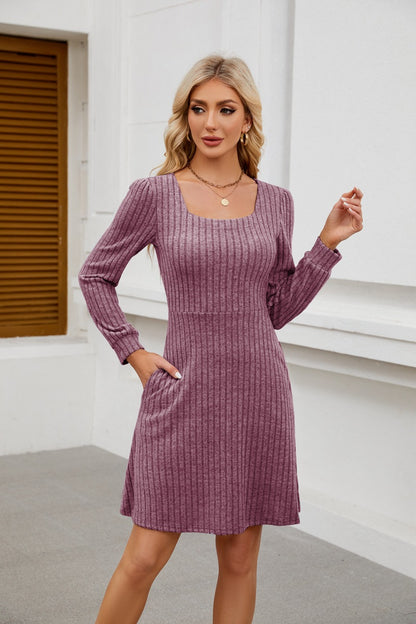 Womens Babydoll Dresses Square Neck Long Sleeve Knee Length Flowy Swing Shirring Mini Dresses Fall Dress