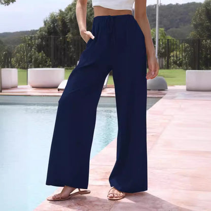Women's Linen Summer Palazzo Pants Flowy Wide Leg Beach Pants with Pockets - Seldom Seen Styles