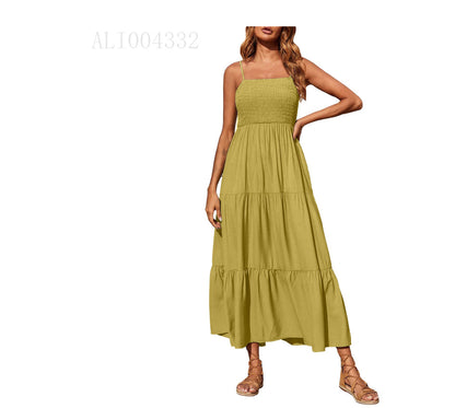 Women's Summer Midi Dress 2025 Casual Boho Sleeveless Spaghetti Strap Smocked Tiered Long Beach Sundresses