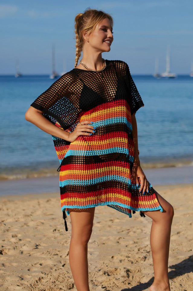 Rainbow Stripe Openwork Slit Cover Up - Seldom Seen Styles