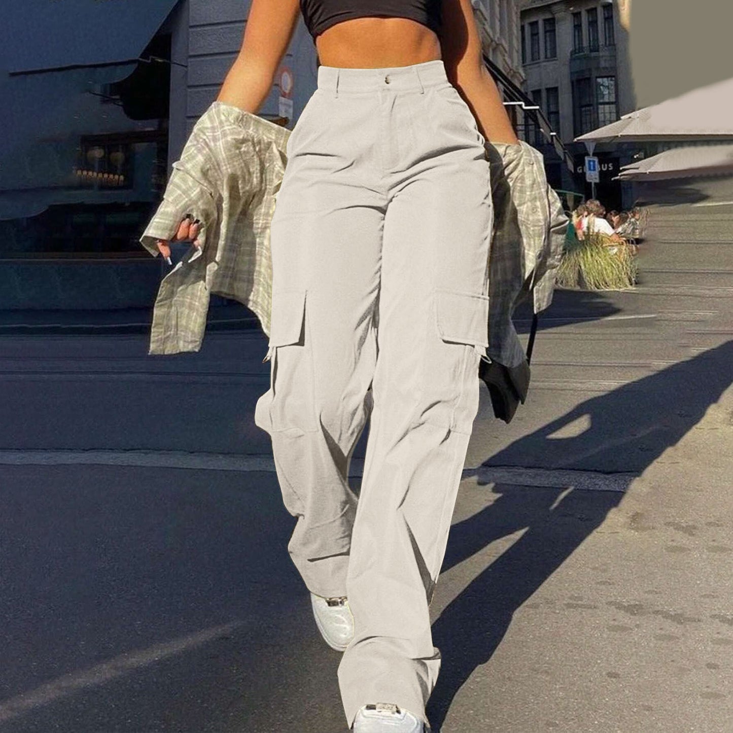 Women's Basic Minimalist Plain Button Front Pocket Cargo Pants, Fashion Y2K Clothes Women, Comfort Casual Street High Waist Wide Leg Trousers For Spring & Fall, Summer Pants, Ladies' Bottoms For Daily Wear, Womenswear, Preppy 80s Clothes - Seldom Seen Styles