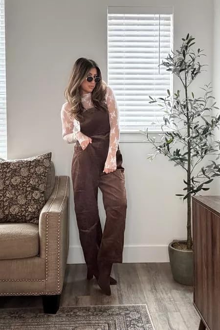 Corduroy Overalls for Women Barrel Wide Leg Bib Corduroy Pants Women Adjustable Romper Jumpsuit with Pockets - Seldom Seen Styles
