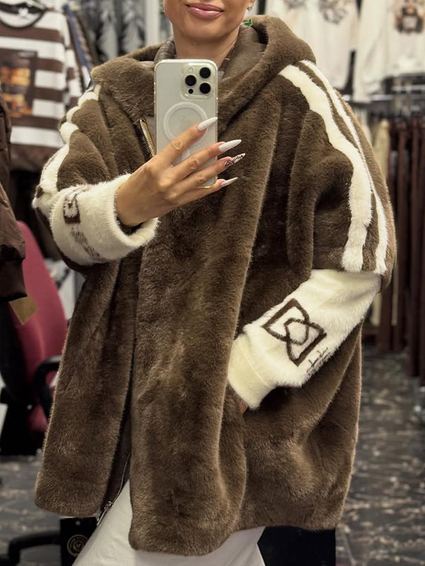 Women Plush Hooded Vertical Stripe Printed Casual Coat - Seldom Seen Styles