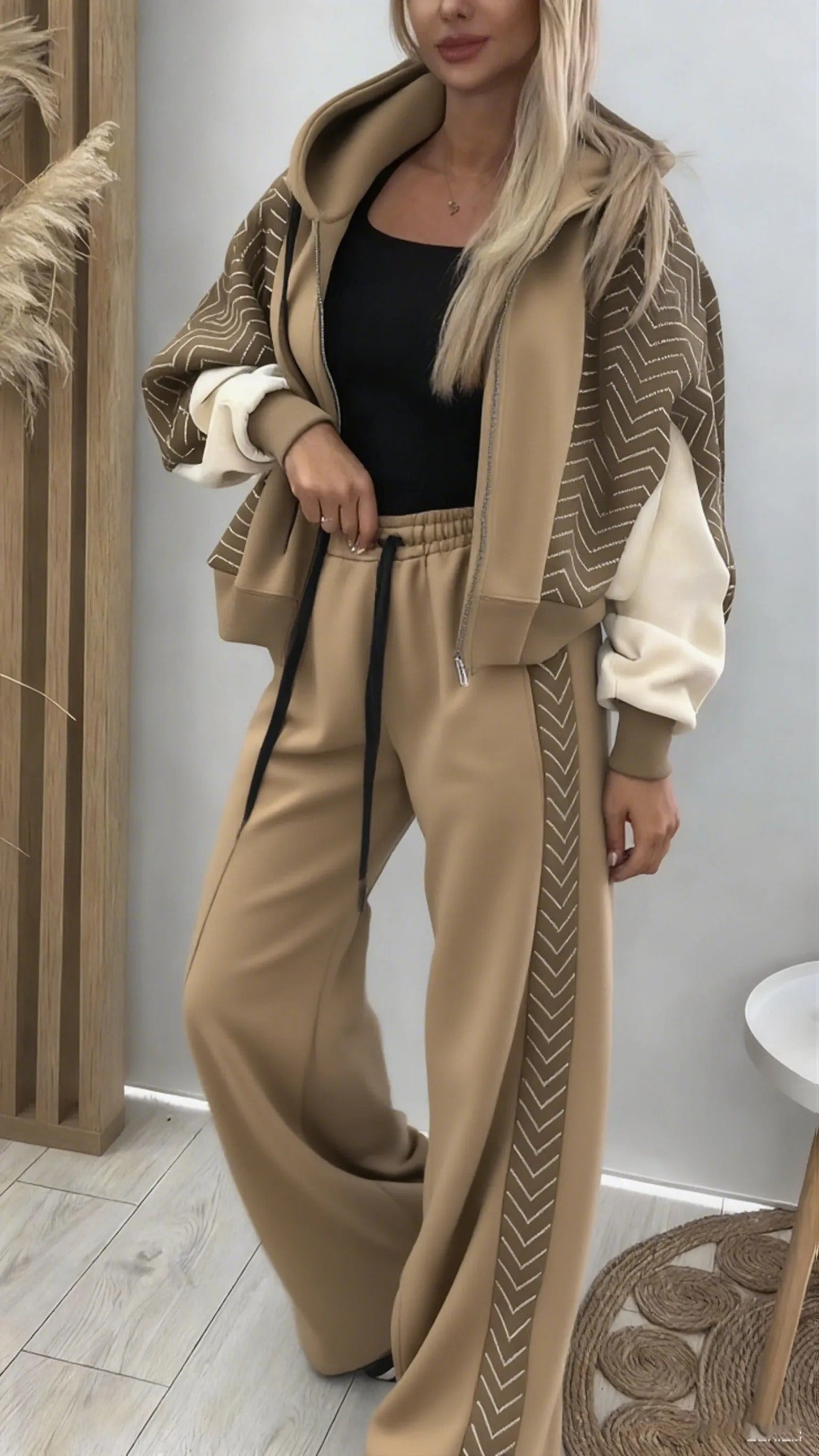 Women Hooded Spliced Jacket + Pants Casual Set - Seldom Seen Styles