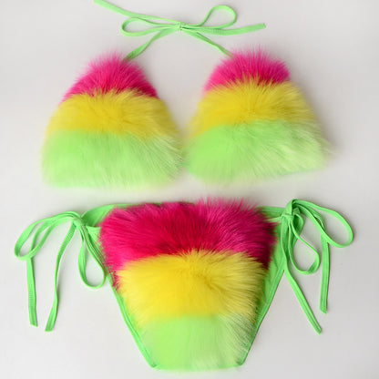 Women Summer Sexy 2 Piece Bikini Set Faux Fur Rainbow Striped Halter Swimsuit Tie Side Bottom Bralette Plush Bathing Suit Party Clubwear