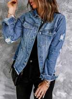 Women's Jean Jackets Casual Non Stretch Boyfriend Washed Coats Distressed Ripped Lapel Long Sleeve Denim Outwear Tops 2025 Spring Womenswear Outfits Dealsforyoudays - Seldom Seen Styles