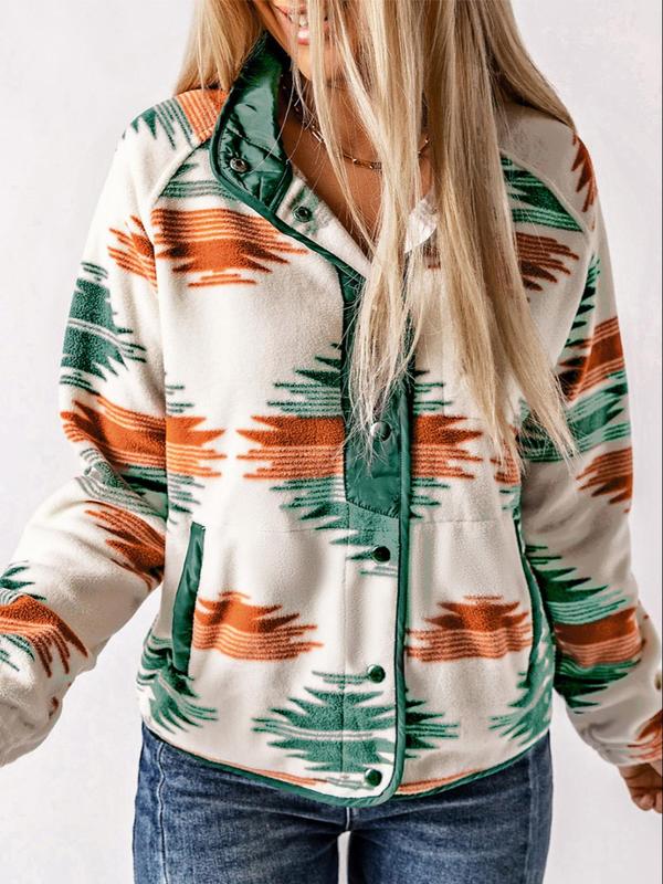 Women's Geometric Print Pocket Button Front Zipper Stand Collar Polar Fleece Jacket, Casual Long Sleeve Outerwear For Fall & Winter, Women's Clothes For Daily Wear - Seldom Seen Styles