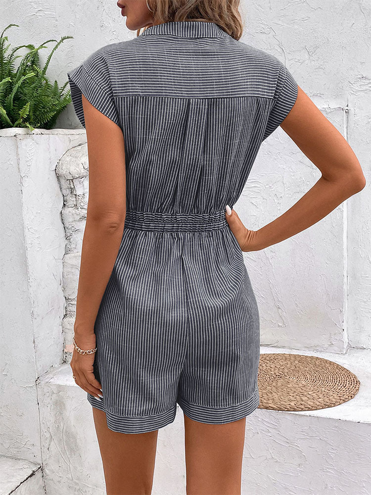 Womens Striped Shorts Romper Dressy Button V Neck Jumpsuits Comfy Business Work Overalls One Piece Jumpsuit w/Pockets