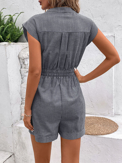 Womens Striped Shorts Romper Dressy Button V Neck Jumpsuits Comfy Business Work Overalls One Piece Jumpsuit w/Pockets