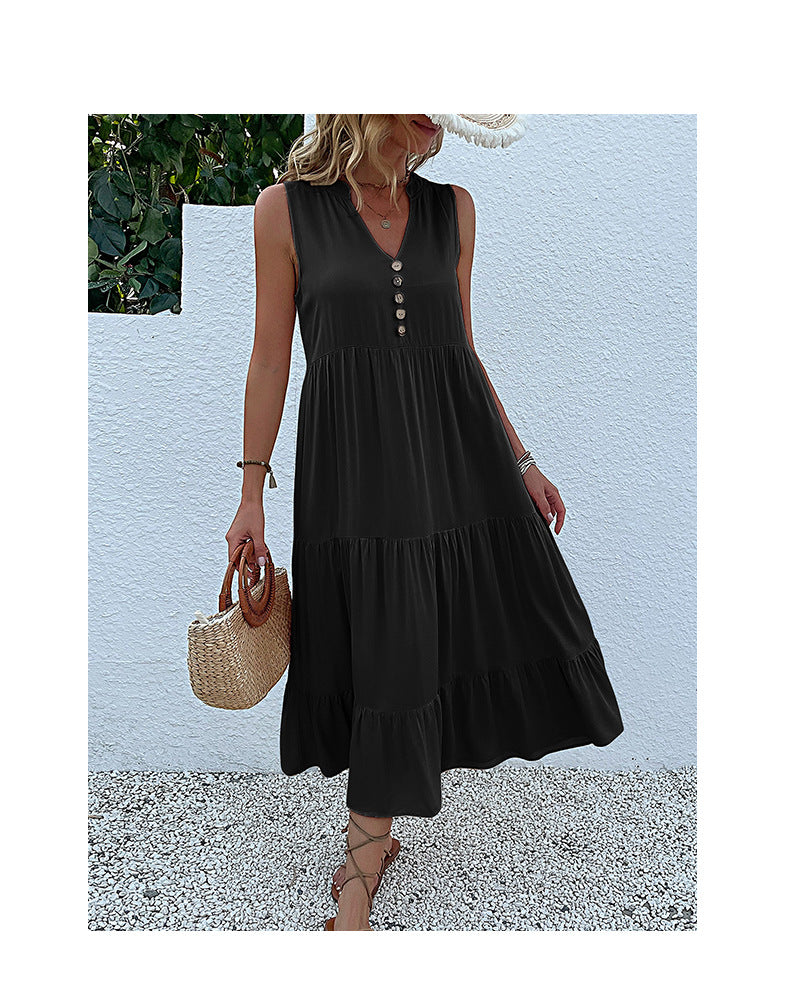 Summer Flowy Maxi Dress with Pockets Sleeveless Loose Casual Sundress V-Neck Tiered Sun Dress for Beach Cruise Vacations