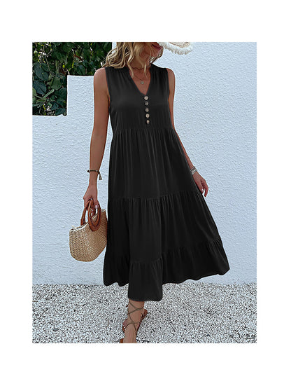 Summer Flowy Maxi Dress with Pockets Sleeveless Loose Casual Sundress V-Neck Tiered Sun Dress for Beach Cruise Vacations