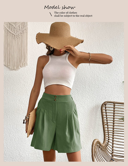 Womens Shorts Dressy Casual 2025 Trendy Summer Elastic High Waisted Pleated Side Slit Business Work Shorts Pockets