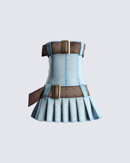 Cambry Blue Pleated Denim Dress 3d product front