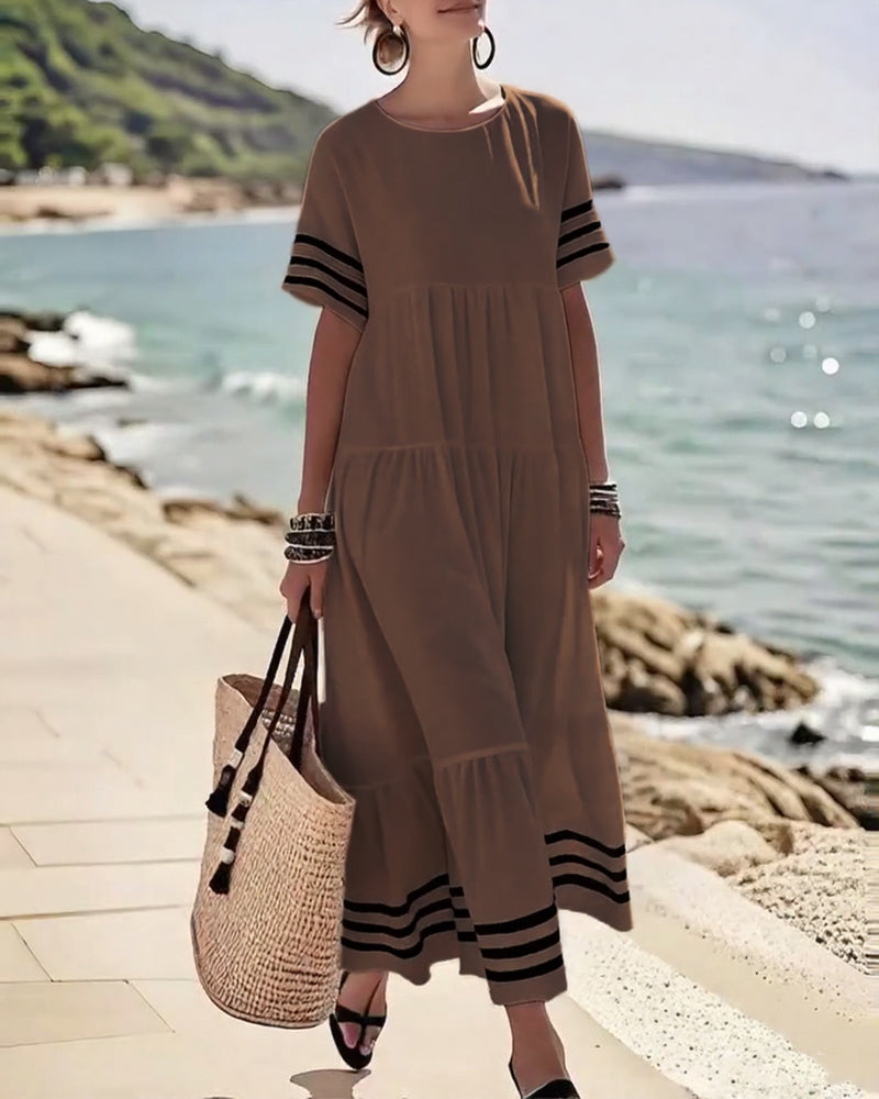 Summer Crew Neck Black Striped Loose A Line Sundress for Women with Short Sleeves Flowy Beach Patchwork Maxi Dresses - Seldom Seen Styles