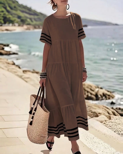 Summer Crew Neck Black Striped Loose A Line Sundress for Women with Short Sleeves Flowy Beach Patchwork Maxi Dresses - Seldom Seen Styles