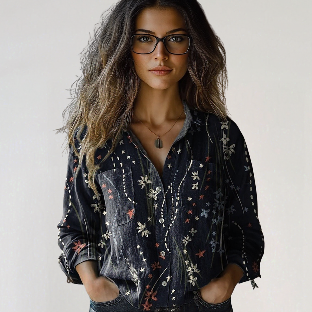 Womens 3/4 Sleeve Shirts Vintage Boho Retro Floral Print Tops Ladies Loose Fit Lightweight V Neck Button Down Blouses - Seldom Seen Styles