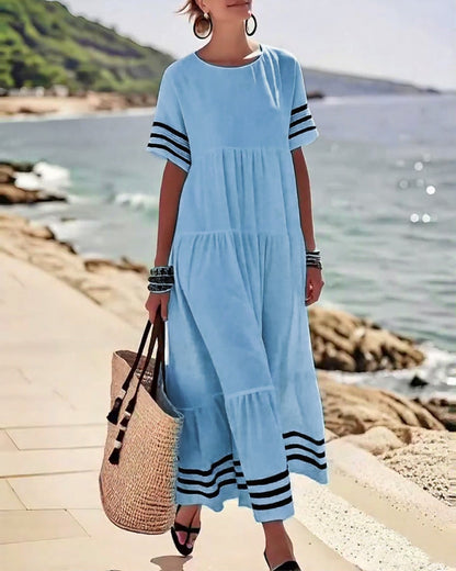 Summer Crew Neck Black Striped Loose A Line Sundress for Women with Short Sleeves Flowy Beach Patchwork Maxi Dresses - Seldom Seen Styles