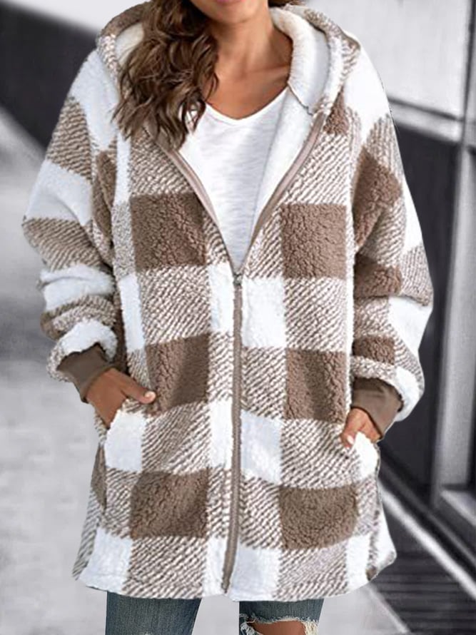 Women Oversized Hoodie Plaid Loose Overcoat - Seldom Seen Styles