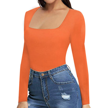 Women's Sexy Square Neck Bodysuit Long Sleeve Double Lined Shirt Tops