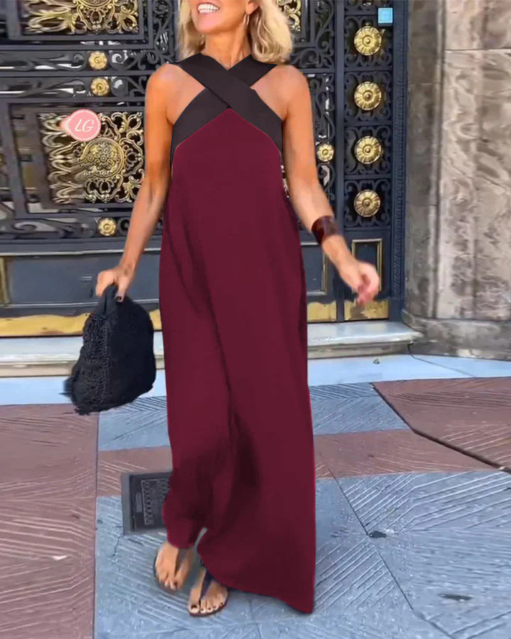 Women's Cross Halter Neck Sleeveless Stitching Dress - Seldom Seen Styles