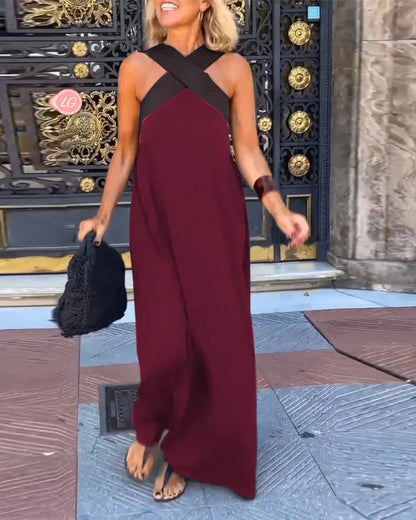 Women's Cross Halter Neck Sleeveless Stitching Dress - Seldom Seen Styles