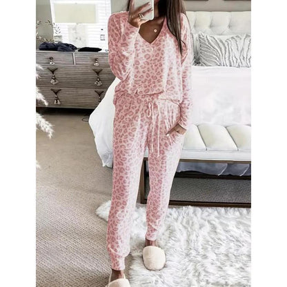 Two-piece Set Women's Leopard Print Drop Shoulder Top & Drawstring Pants Pyjama Set, Soft Casual Comfortable Long Sleeve Top & Pocket Trousers Pj Set, Women's Sleepwear for Spring & Fall, Glam Lounge Wear, Loungesetwomen, Pajamas, Womenswea Fit Loungewear
