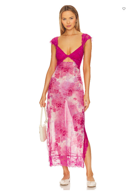 Suddenly Fine Maxi Slip Lace Backless Strap Splicing Slit Floral Long Dress Women's Fashion