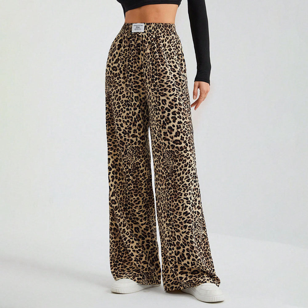 Women's Letter Leopard Print Straight Leg Pants Elastic Waist Y2K Trousers Bottoms with Pockets - Seldom Seen Styles