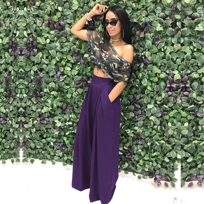 Women's Plain Plicated Pocket Wide Leg Pants, Casual Comfy High Waist Trousers for Summer, Ladies Bottoms for Daily Wear - Seldom Seen Styles