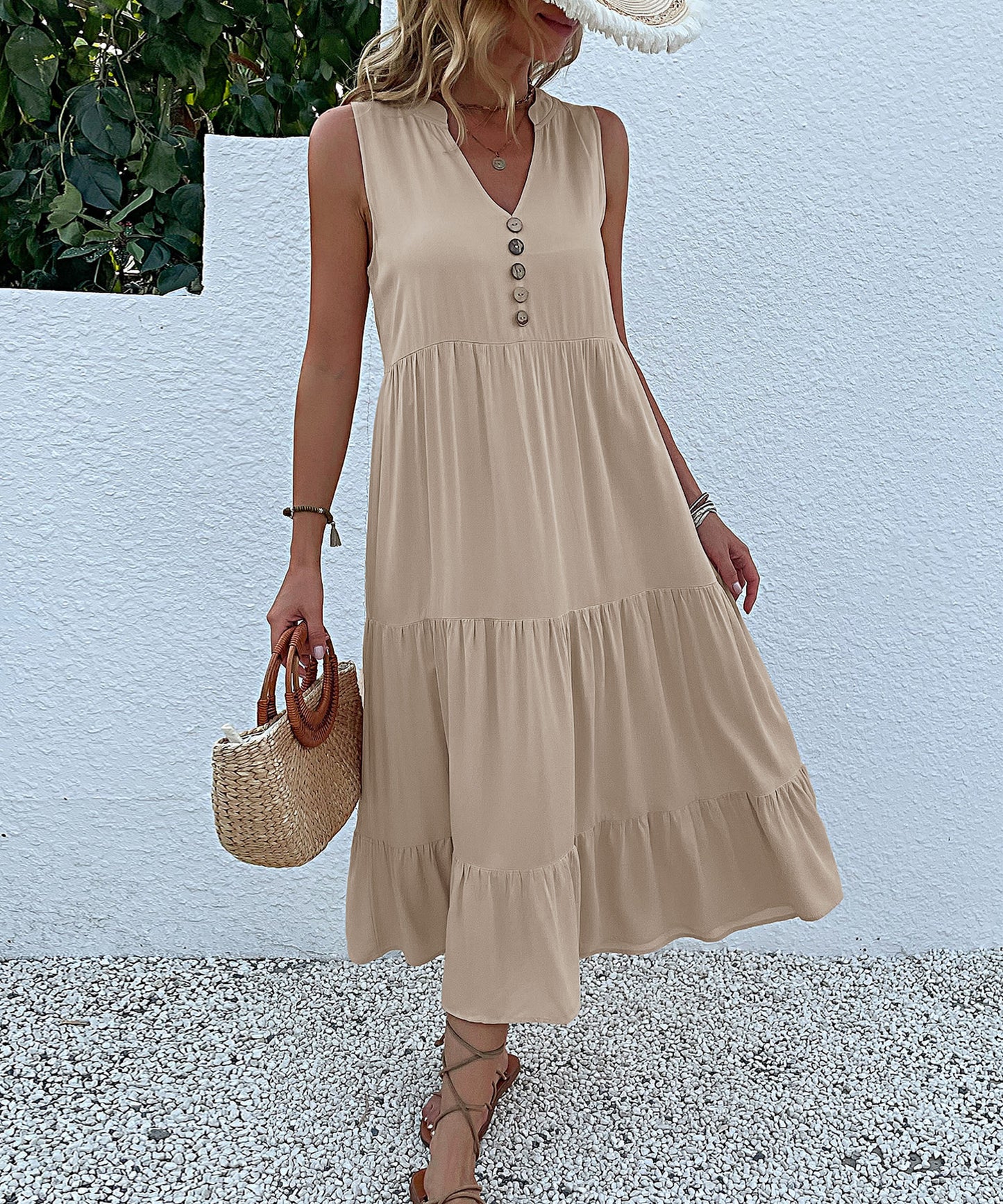 Summer Flowy Maxi Dress with Pockets Sleeveless Loose Casual Sundress V-Neck Tiered Sun Dress for Beach Cruise Vacations