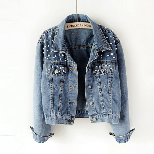 Women's Fashion Loose Embroidered Pearls Beading Cropped Denim Jacket Jean Coat - Seldom Seen Styles