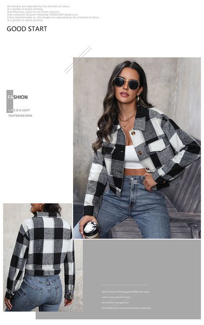 Women's Flannel Cropped Plaid Shacket Jacket Button Down Long Sleeve Shirts Tops