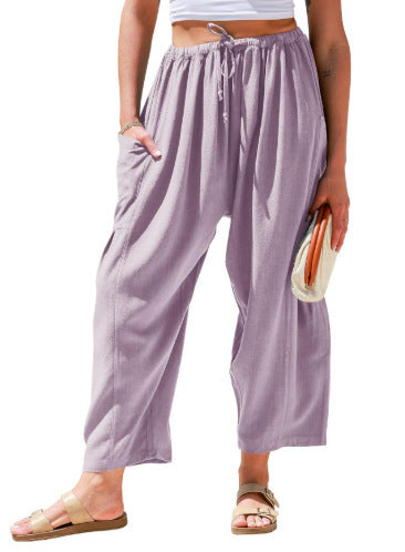Womens Wide Leg Pants Casual Loose Drawstring Flowy Summer Beach Palazzo Harem Pants with Pockets - Seldom Seen Styles