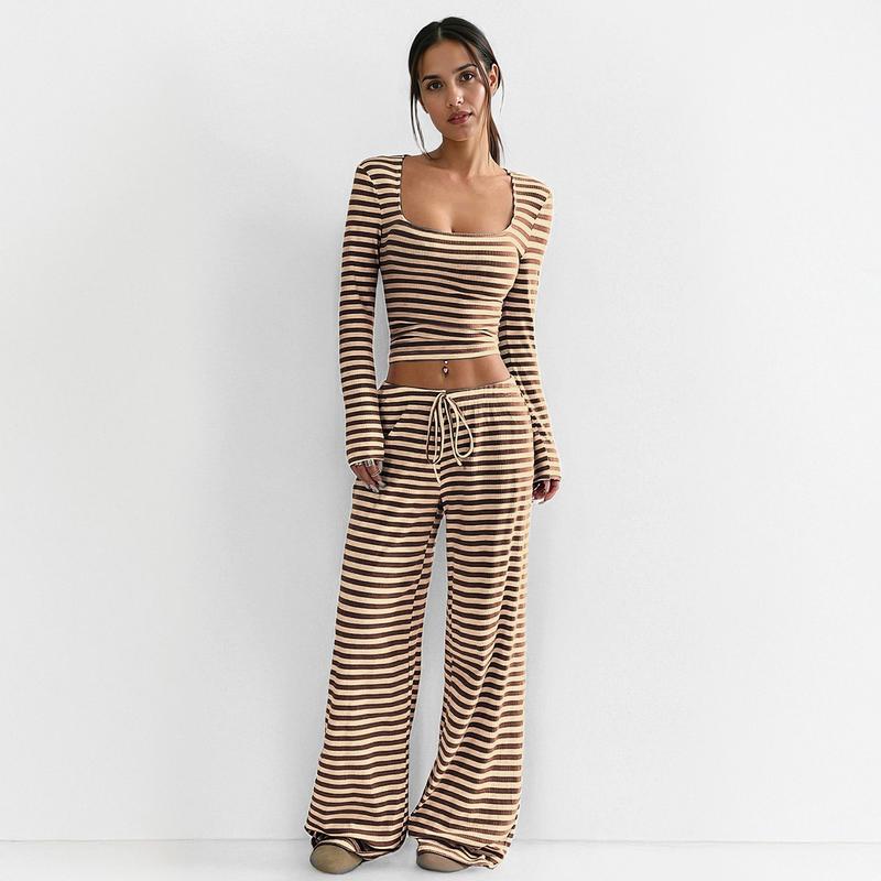 Women's Slouchy Square Neck Stripe Long Sleeve Crop Top & Low-Rise Wide Leg Trousers Co-ord, Minimalist Two Piece Outfits, Cozy Womenswear - Seldom Seen Styles