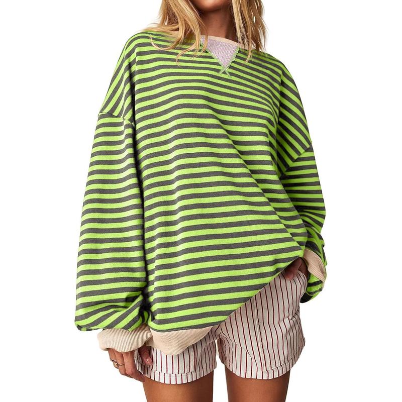 【Up To 3XL】Fisace Christmas Womenswear Striped Oversized Sweatshirt Color Block Crew Neck Long Sleeve Shirt Casual Loose Pullover Top Y2K Clothes back to school - Seldom Seen Styles