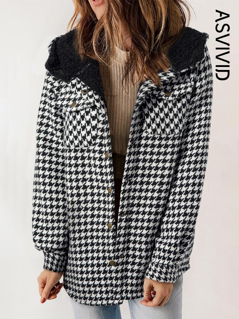 Women's Plaid / Houndstooth Print Button Front Hooded Coat, Casual Long Sleeve Pocket Coat for Fall & Winter, Ladies Outerwear for Daily Wear - Seldom Seen Styles