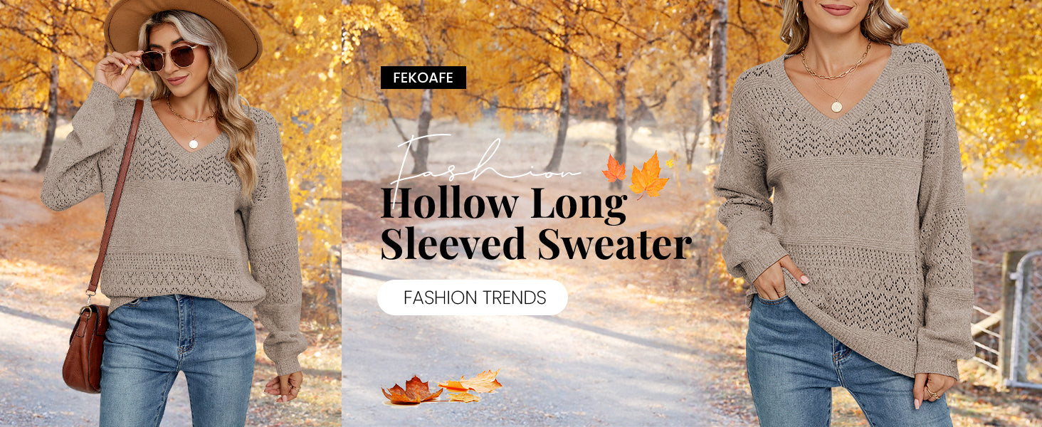 Womens Sweaters 2025 Fall V Neck Long Sleeve Hollow Knit Pullover Sweaters for Women - Seldom Seen Styles