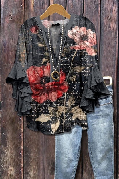 Retro Floral Print Layered Ruffle Sleeve Top Going Outfits Blouses Women Vintage 90s Tops Funny Shirts Women Elegant Classy Tops cute summer outfit
