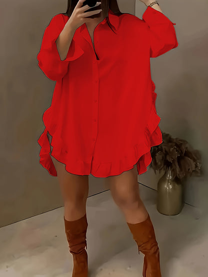 Women's Plain Ruffle Trim Button Front Blouse, Casual Fit Longsleeves Collared Top for Daily Wear, Ladies Clothes for All Seasons, Feminine - Seldom Seen Styles