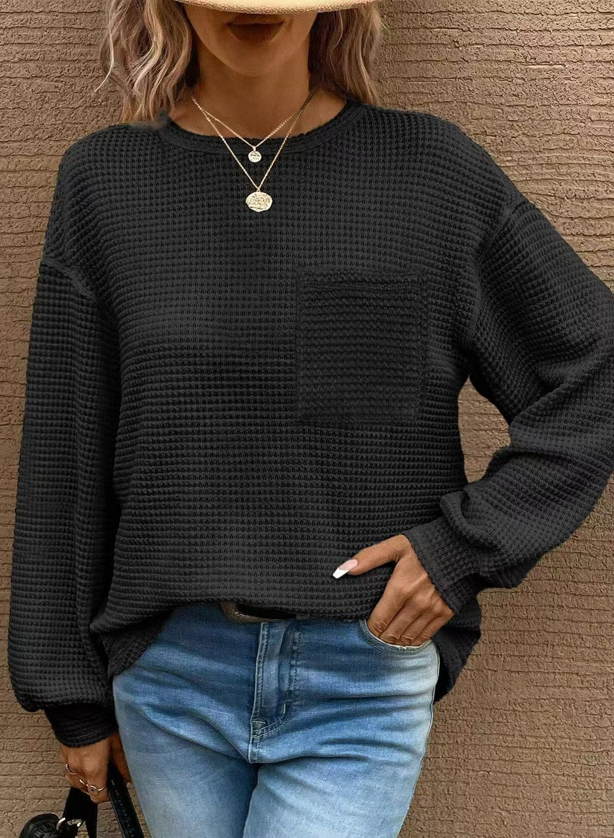 Womens Waffle Knit Tops 2025 Oversized Long Sleeve Crewneck Shirts Business Casual Blouses Basic Shirts - Seldom Seen Styles