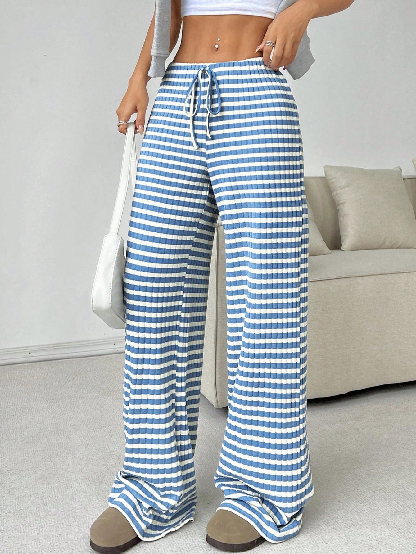 Women's Wide Leg Pants Striped Elastic High Waisted Casual Knit Palazzo Pants Drawstring Lounge Pajama Trousers - Seldom Seen Styles